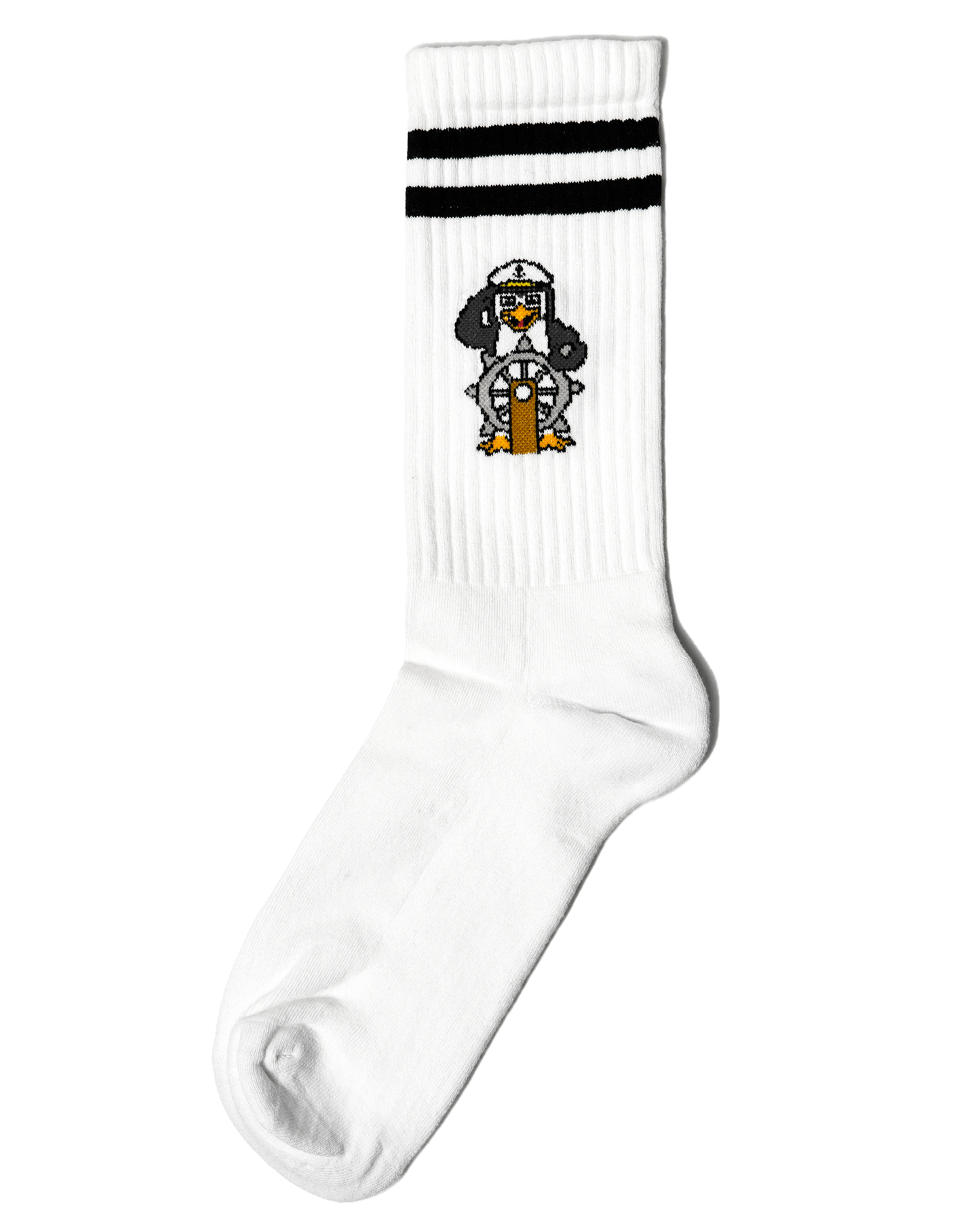 Calcetines de diseño unisex El Capitán de The Penguin Crew con diseño de pingüino y rayas negras.