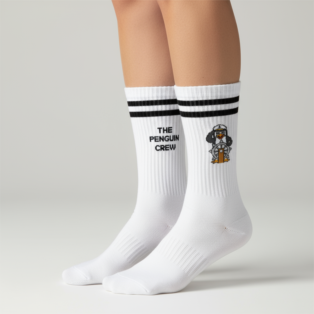 Calcetines de pingüinos con diseño del capitán y doble raya negra estilo deportivo