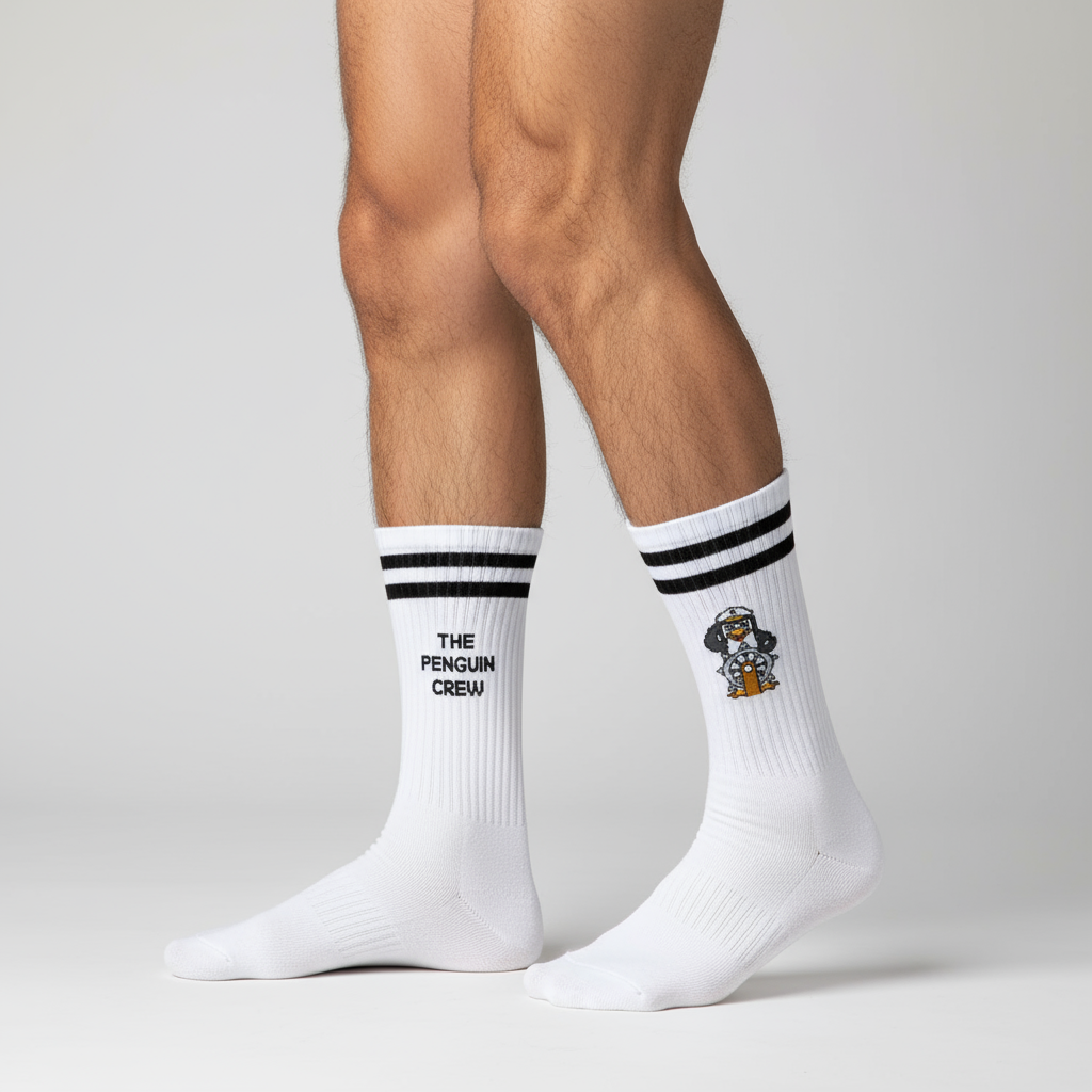 Calcetines originales de invierno con pingüino capitán bordado y rayas deportivas negras en la caña