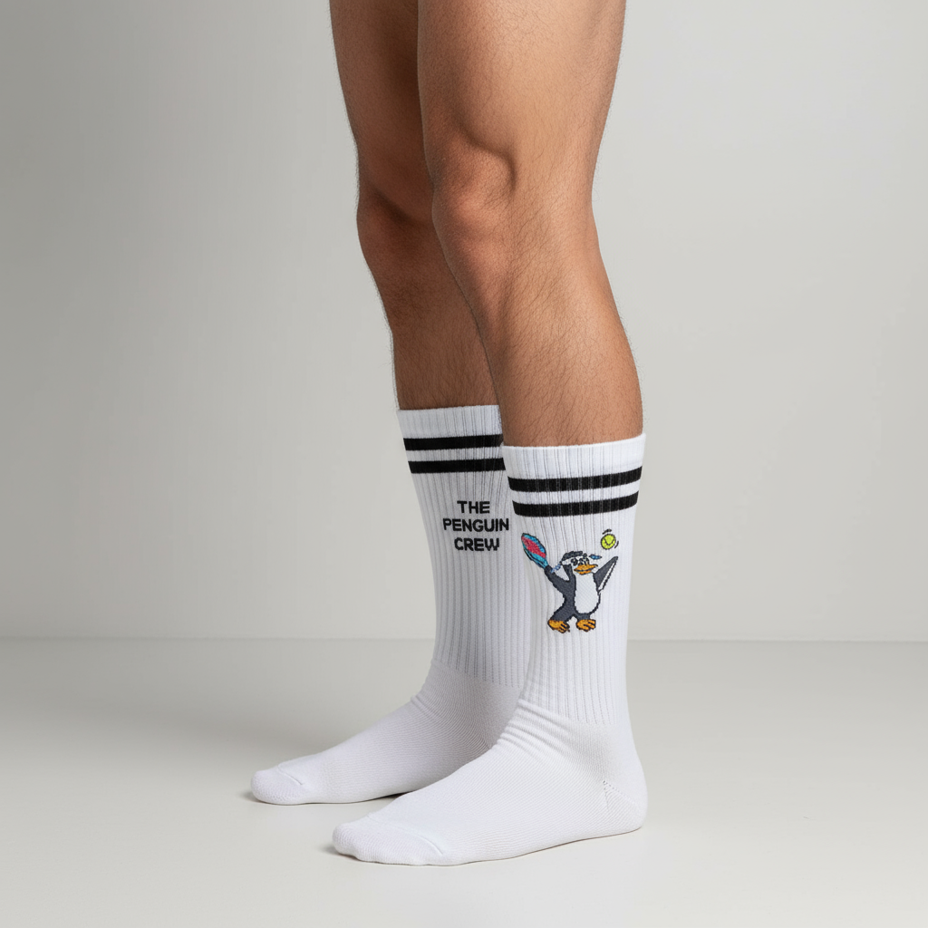 Calcetines deportivos largos con pingüino jugador de pádel y doble raya negra clásica