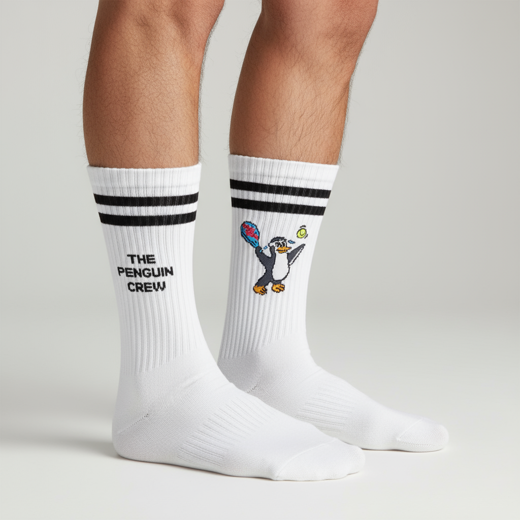 Calcetines originales de pingüino jugador con rayas negras, ideal para pádel y deporte
