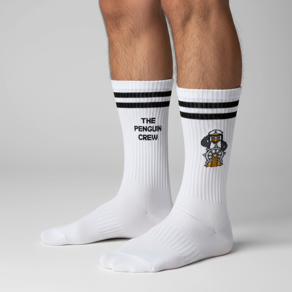 Calcetines largos blancos con pingüino capitán y rayas negras, estilo streetwear deportivo