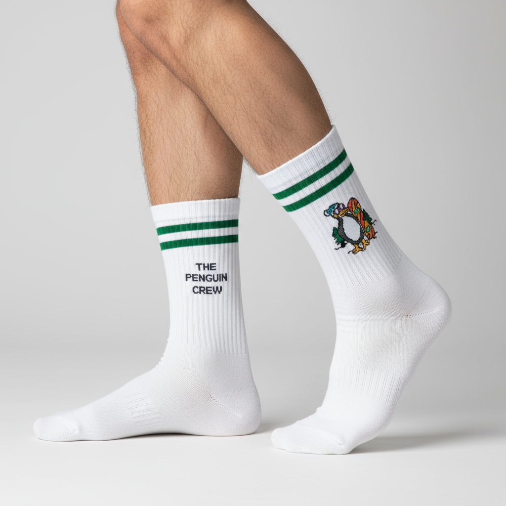 Calcetines chulos con pingüino con mesa de snowboard y rayas verdes, estilo streetwear